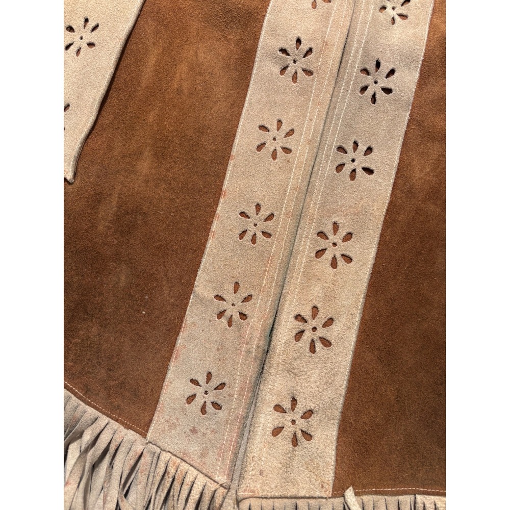 Vintage Suede Leather Fringe Poncho Cape Mexico Floral Cutout Brown Boho M L - Picture 4 of 8